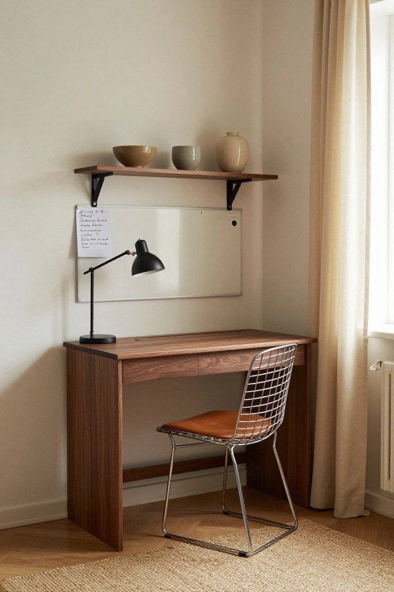 A minimalist wooden corner desk with a wire chair, black lamp, whiteboard, and floating shelf holding three ceramic items.