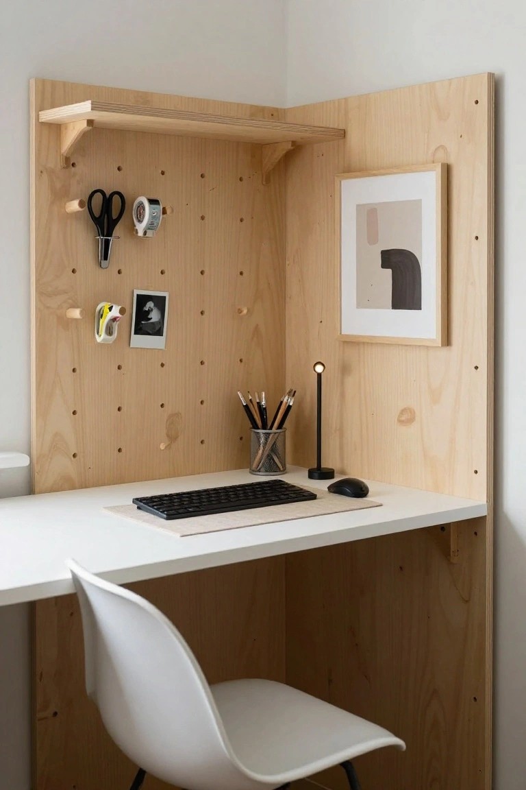 A minimalist corner desk with a light wood pegboard wall above it holding scissors, tape, and small items, a white desk surface with a keyboard and mouse, and a white chair in front.