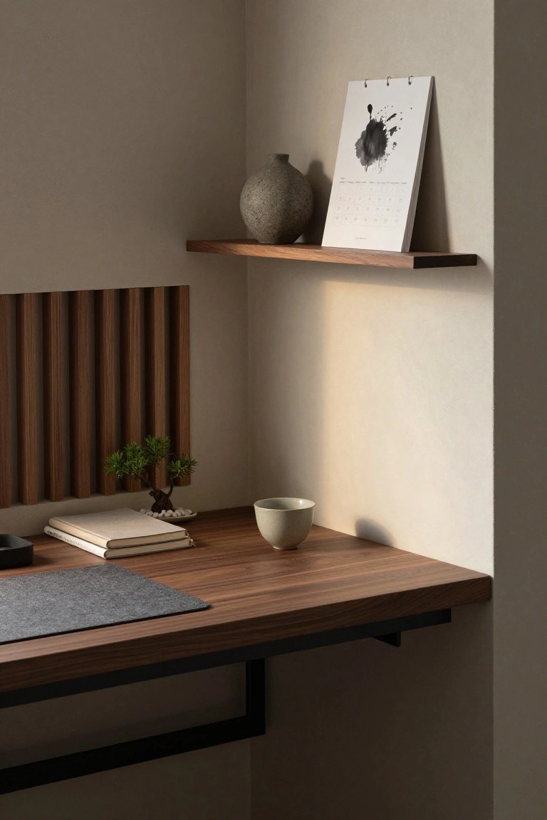 Minimalist wooden desk with bonsai, calendar, and ceramic vase on floating shelf.
