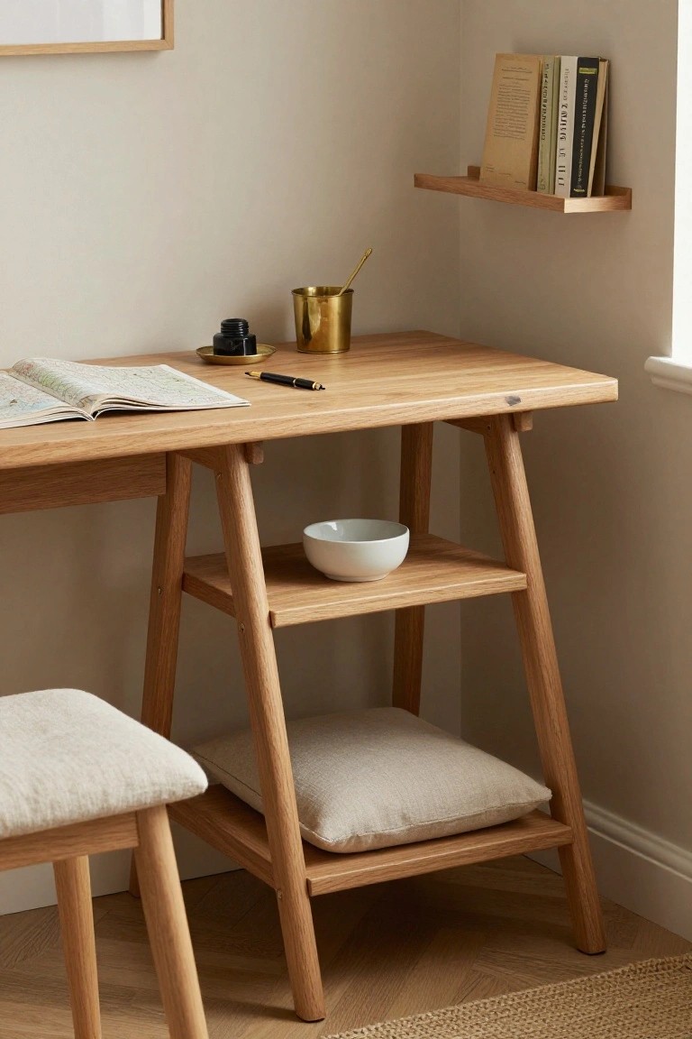 A light wood minimalist desk with lower shelves holding a white bowl and beige cushion, plus a floating shelf above with books, set in a neutral room.