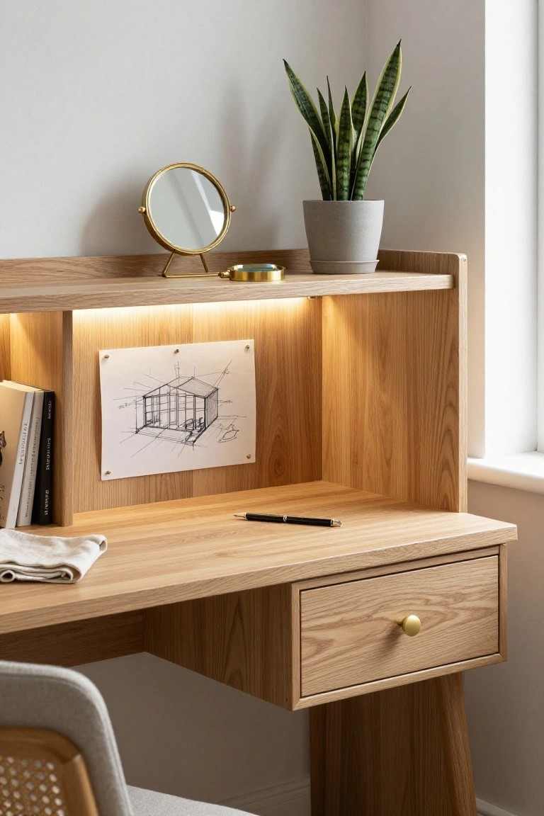 Wooden desk with drawer, sketch, mirror, plant, and books.