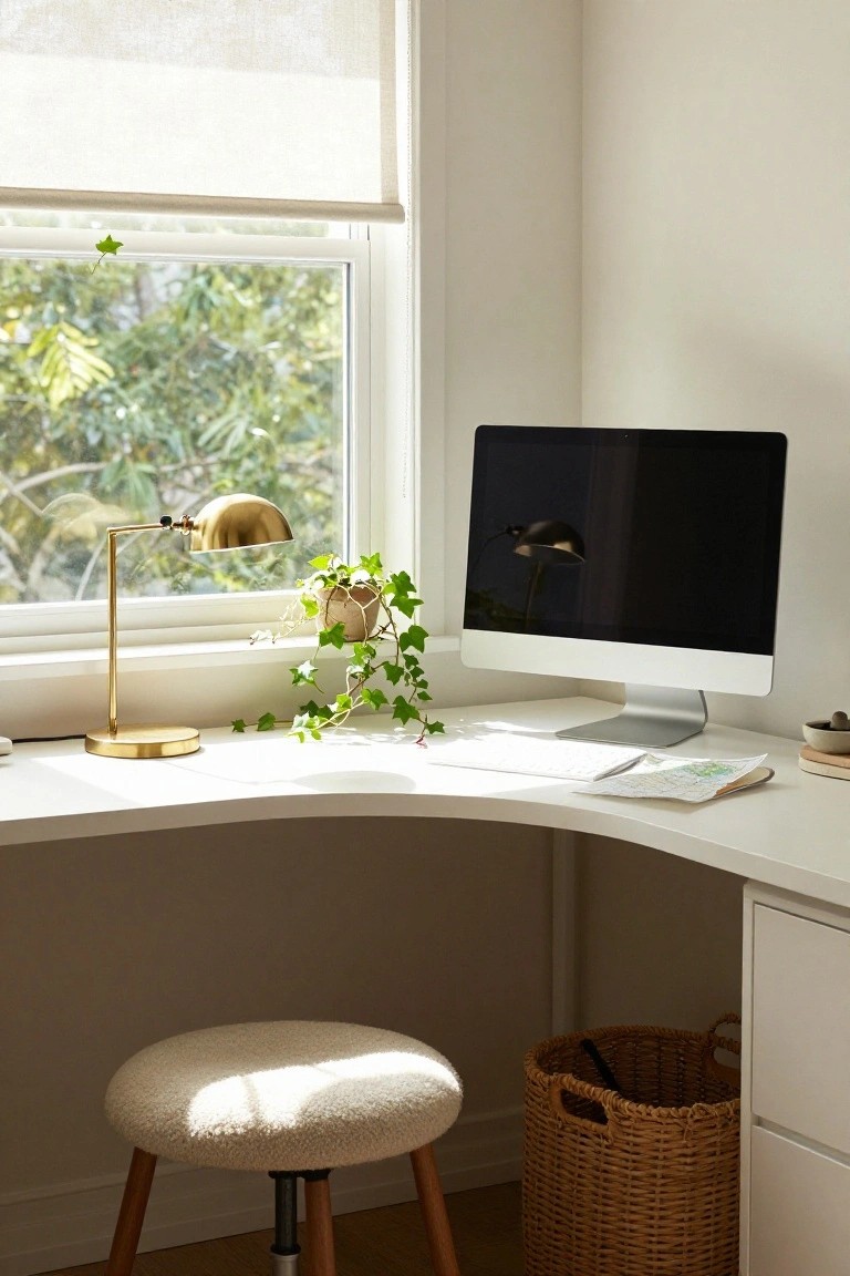A white curved corner desk with a computer monitor and brass desk lamp sits beneath a large window with a trailing plant on the sill.