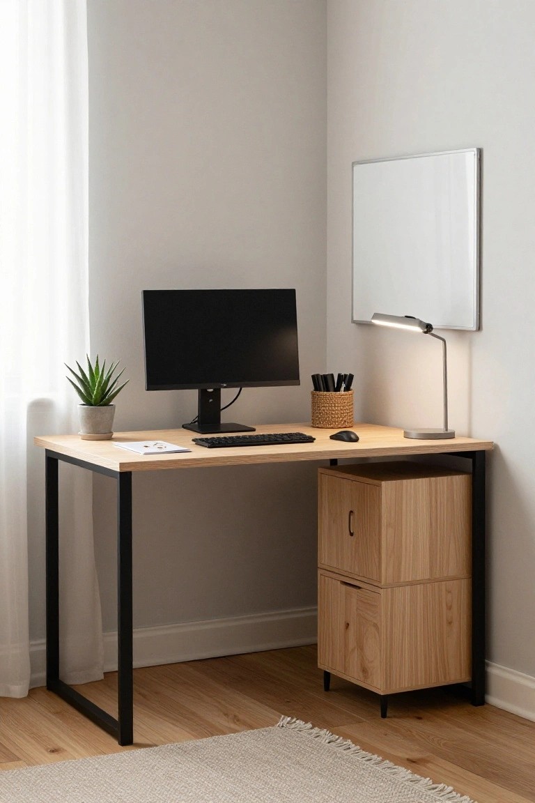 A light wood corner desk with black metal legs and a matching two-drawer cabinet on the right, set up with a computer monitor, keyboard, and mouse in a minimal room.