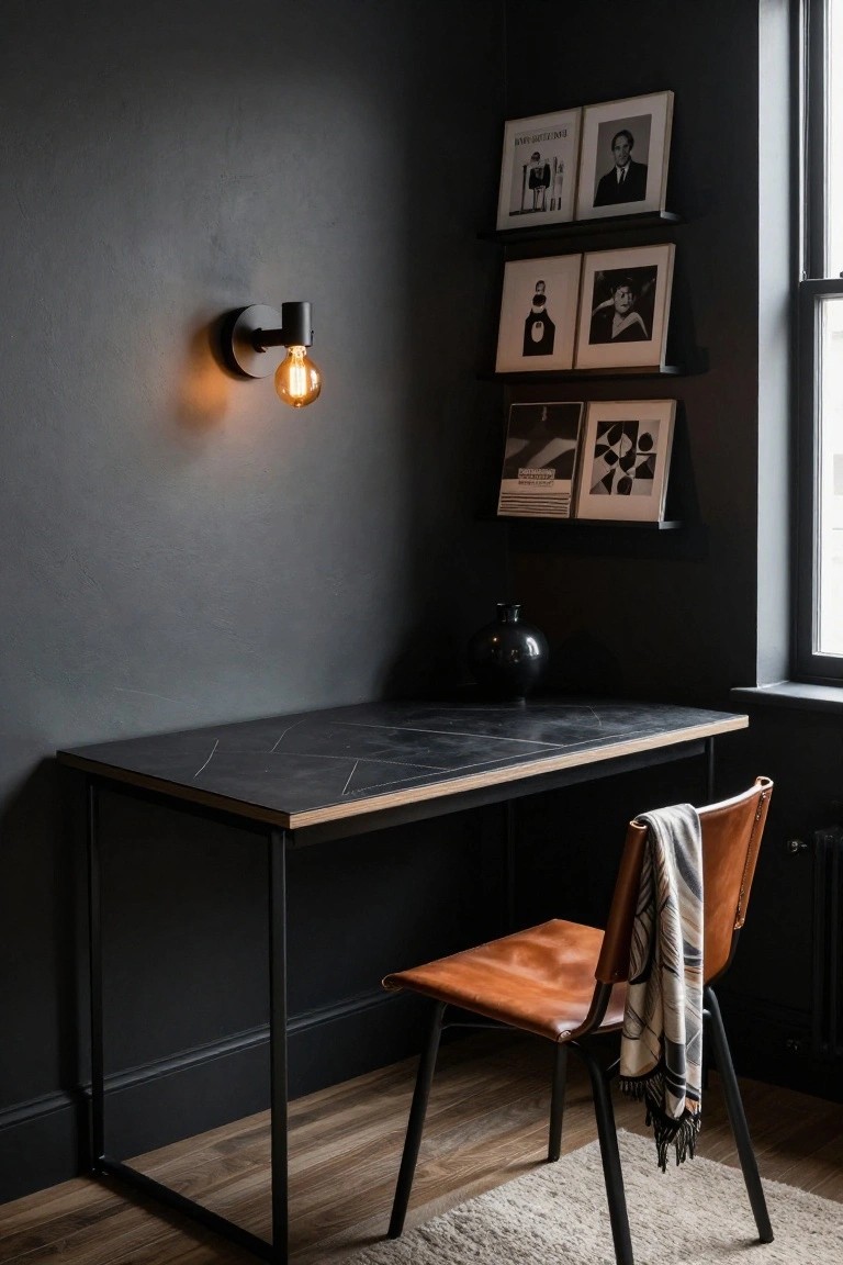 Modern minimalist desk with leather chair, wall sconce, and framed art in a dark room.