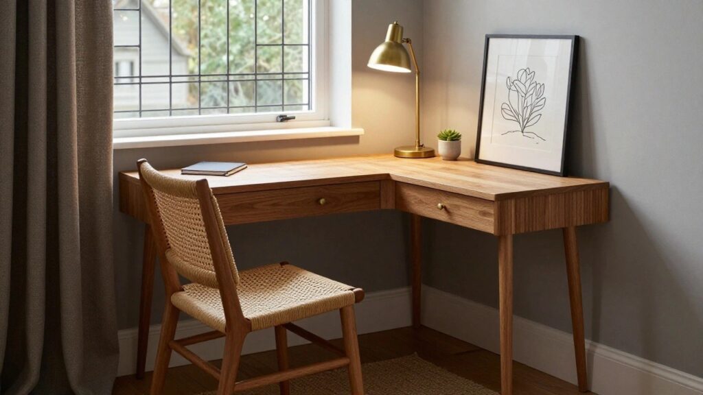 A wooden desk with a woven chair and brass lamp sits under a window in a room with light walls.