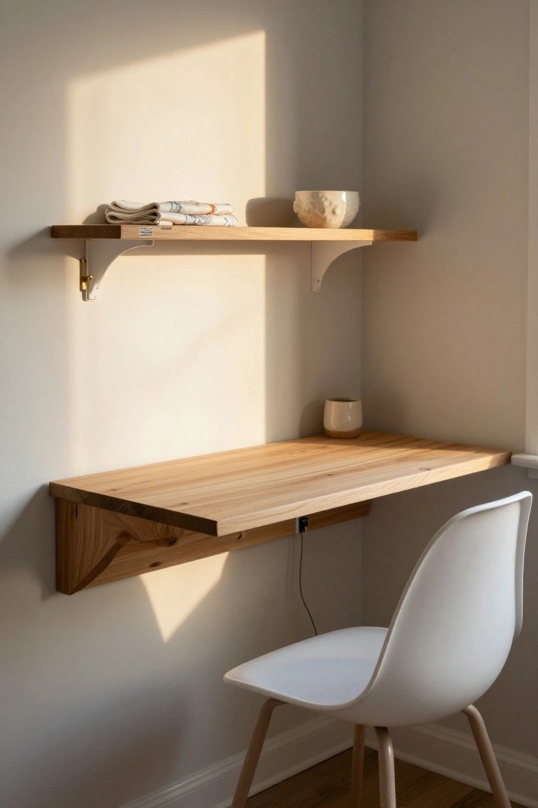 A light wood floating corner desk with a matching wall shelf above it, positioned in a plain room with a white chair nearby.