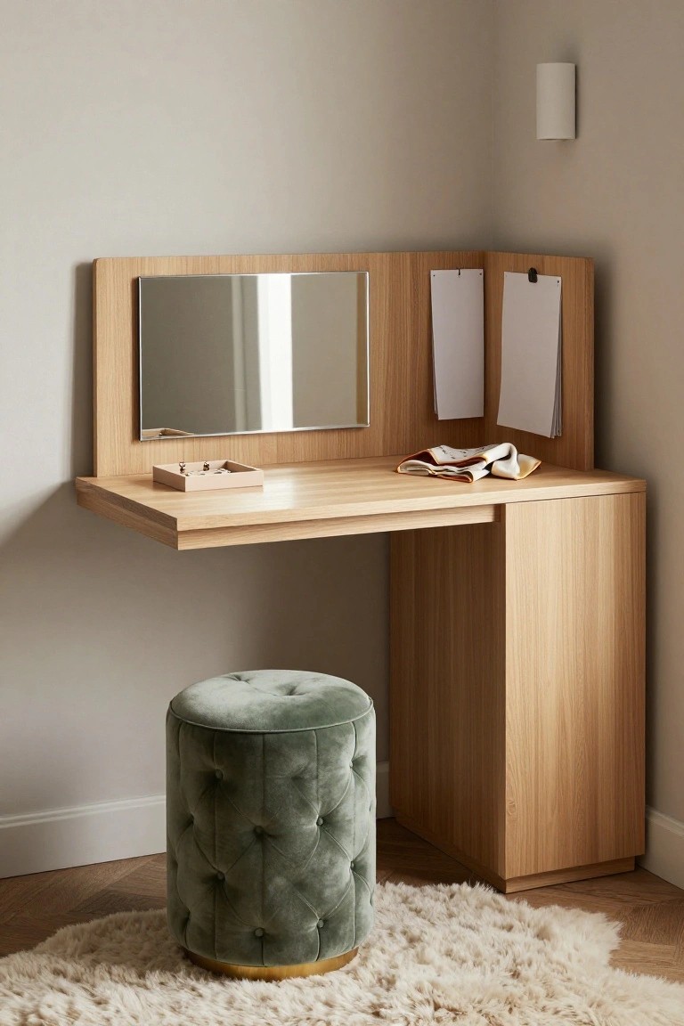 A light wood floating corner desk with a side cabinet, wall-mounted mirror, and green tufted stool on a fluffy rug in a neutral room.