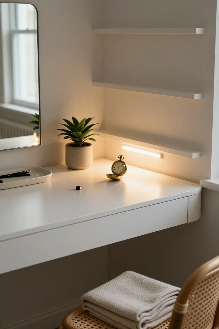 A minimalist white corner desk with a potted plant, a small pocket watch, and floating shelves, lit by a thin strip of under-shelf lighting.