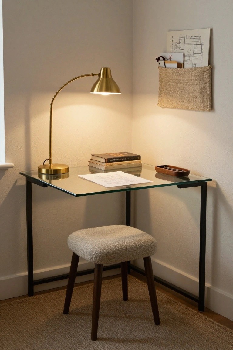 A minimalist corner desk with a glass top, brass lamp, books, and upholstered stool in a neutral room.