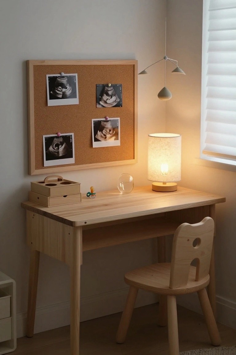 Wooden desk with ultrasound photos on corkboard, lit lamp, and small chair.