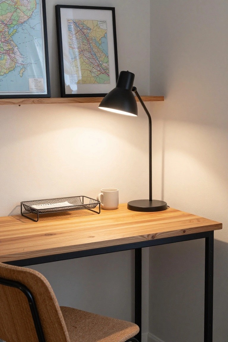 A wooden corner desk with a black task lamp turned on, a white mug, and a wire tray holding papers, with two framed maps on the wall above.