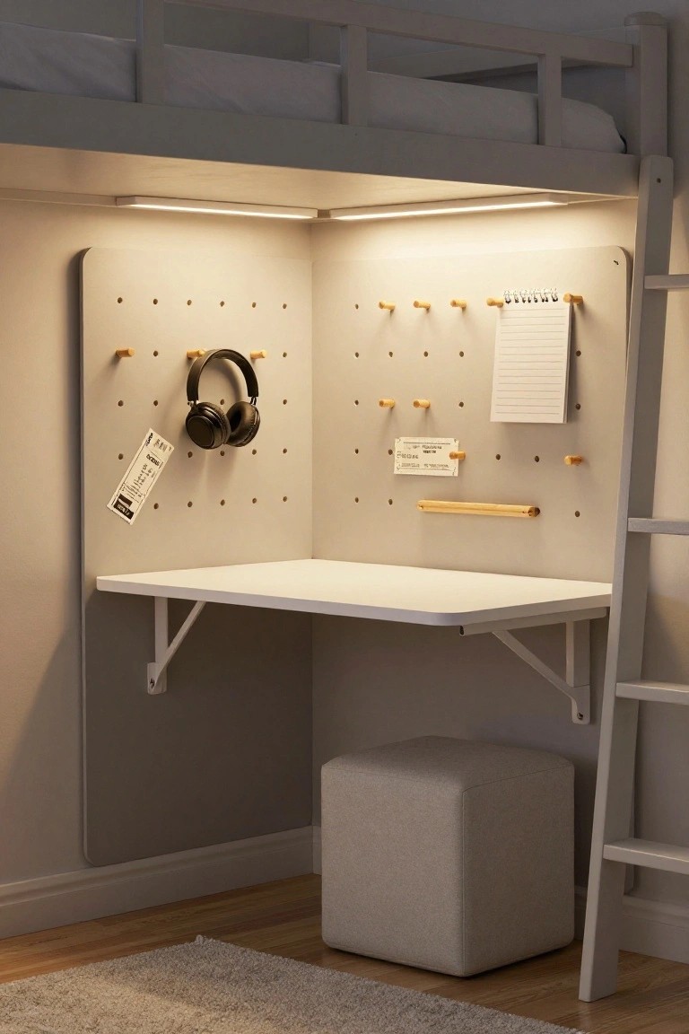 A white floating corner desk under a loft bed with pegboard walls holding headphones and a notepad, plus a gray stool below.