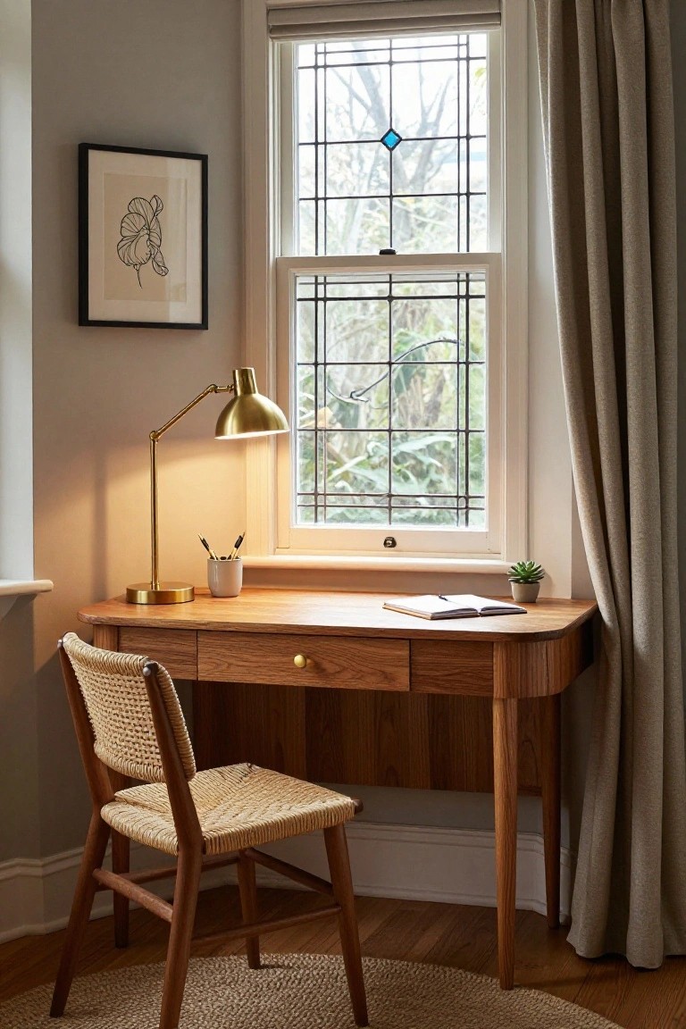 A wooden desk with a woven chair and brass lamp sits under a window in a room with light walls.