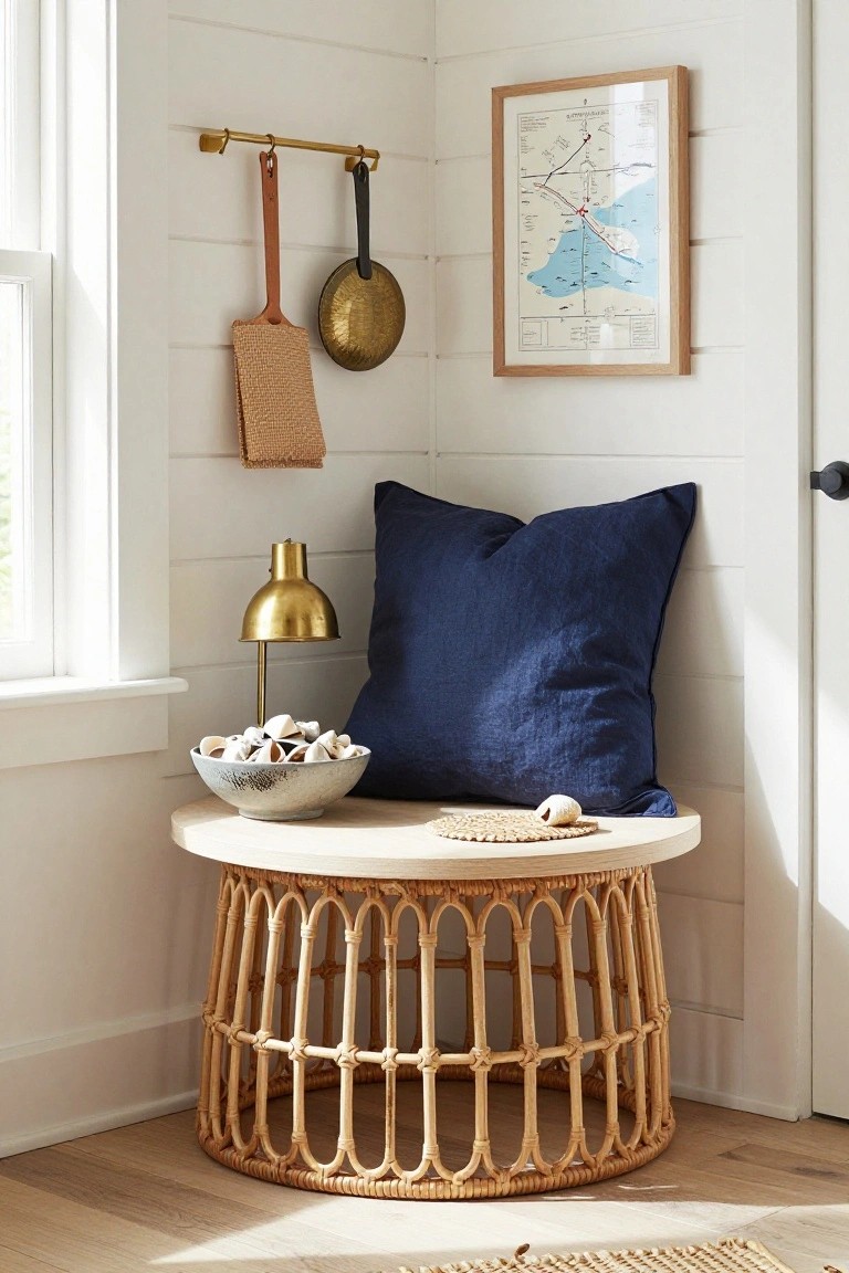 Cozy nook with round rattan table, blue pillow, brass lamp, and nautical map.