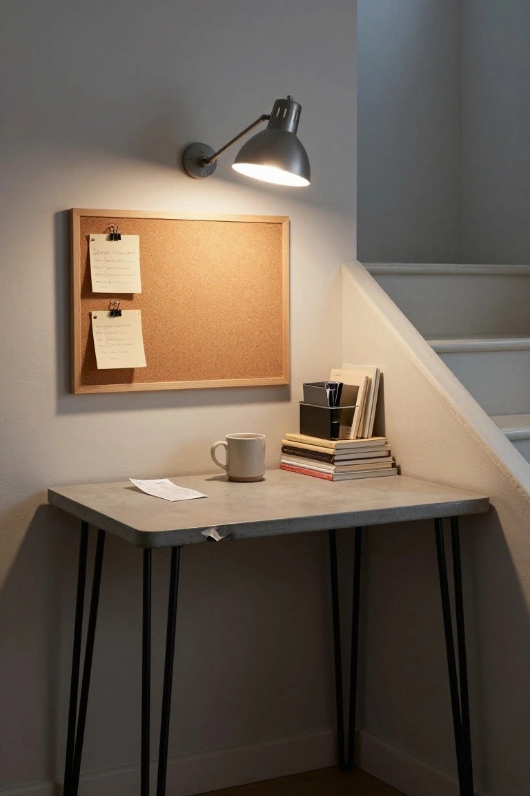 A minimalist concrete desk with black legs sits under a staircase beside a corkboard on the wall and a wall-mounted lamp.