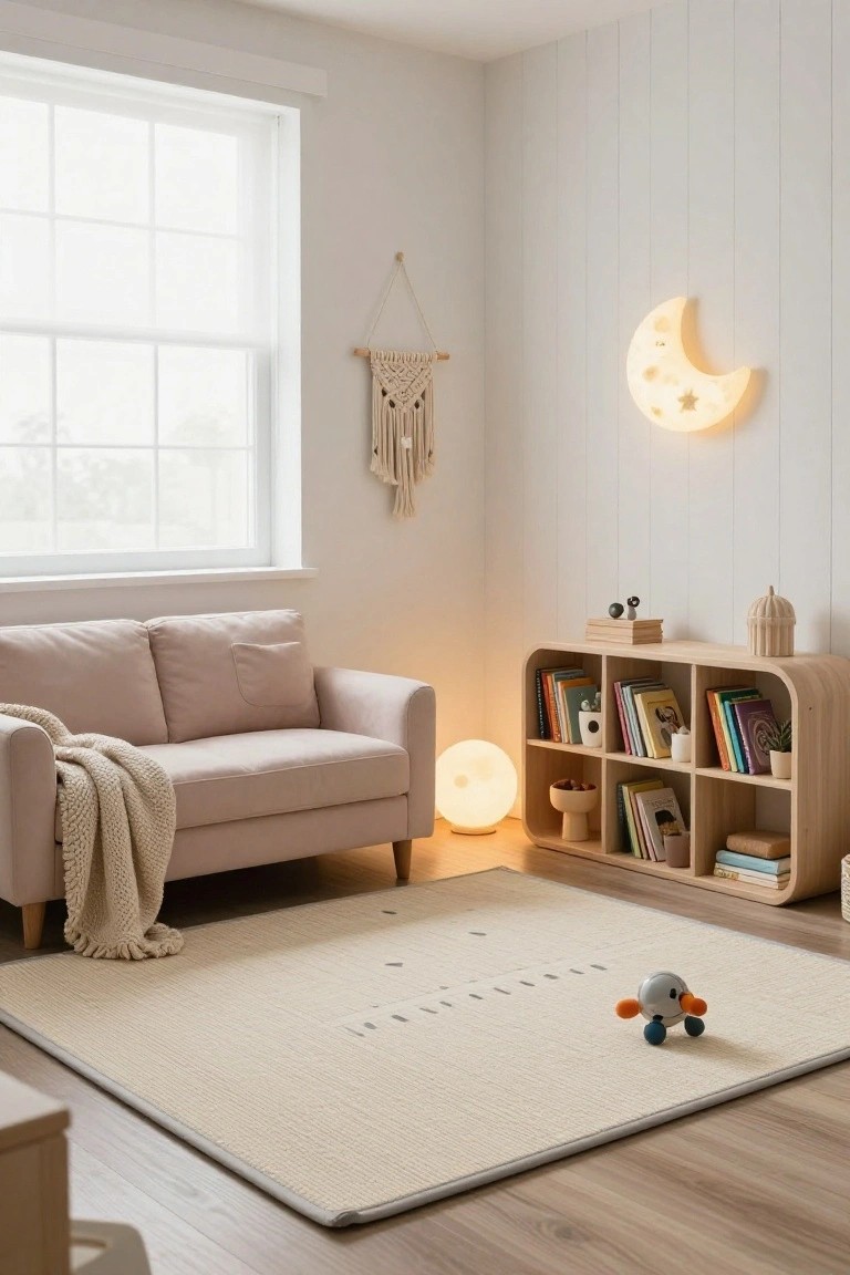 Blush pink two-seater sofa with knit throw on beige play rug in white-walled room with curved wooden bookshelves, globe lamp, moon wall light, macrame hanger, and small robot toy.