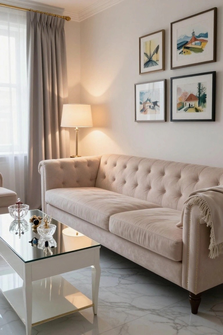 Blush pink tufted Chesterfield sofa in a living room with beige walls, gray curtains over a window, white lamp, glass coffee table with glassware, and four framed abstract paintings.