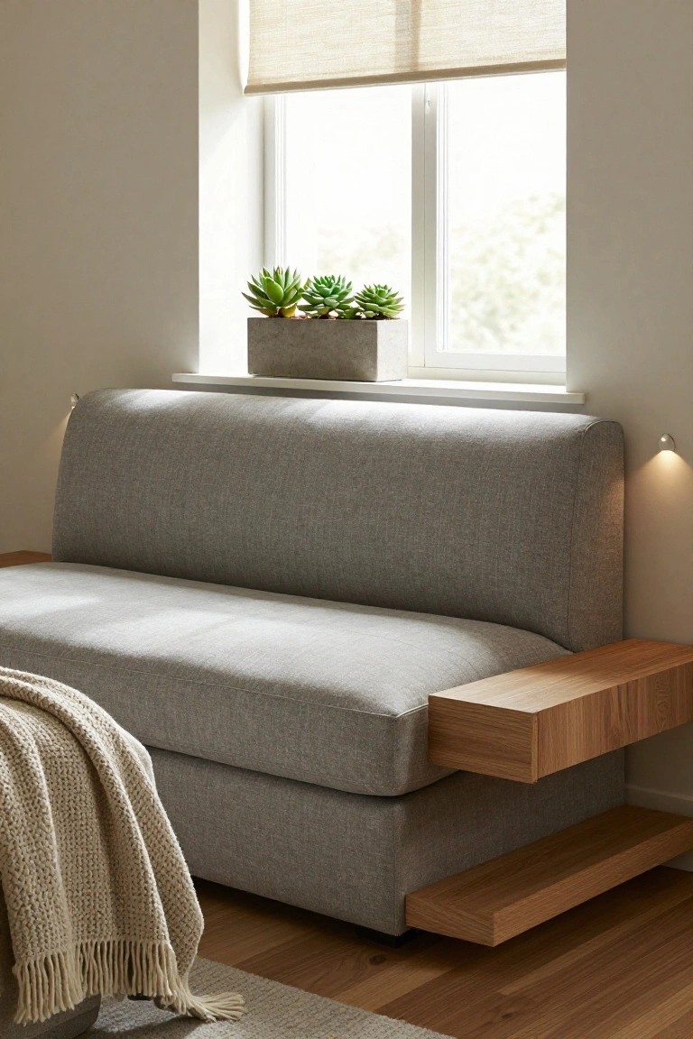Gray sofa with wooden arms by a sunlit window with succulents.