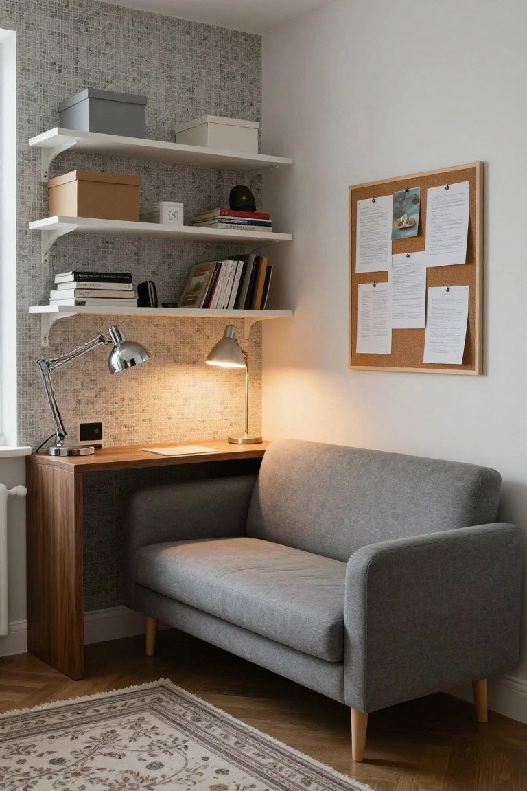 Modern interior corner with a gray fabric loveseat sofa adjacent to a slim wooden desk, floating white shelves stocked with books and boxes above, lit desk lamp, corkboard with papers on wall, textured gray wallpaper, and patterned rug on wood floor.