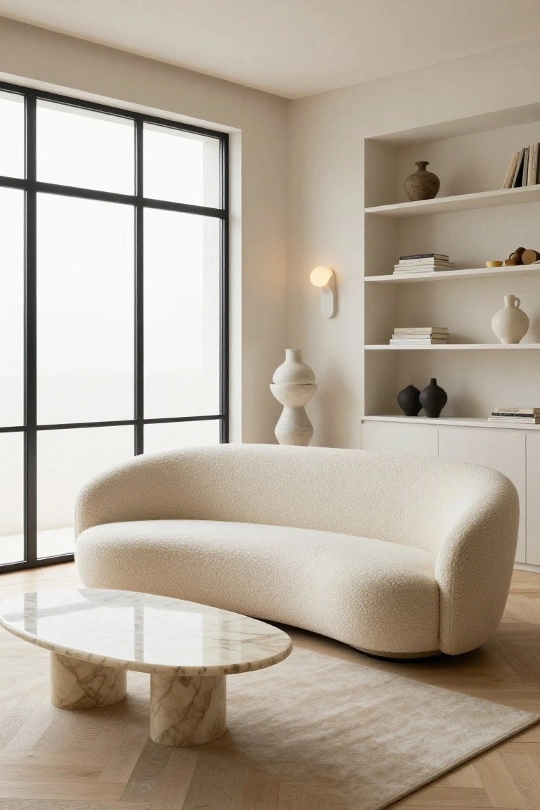 Modern living room with large curved white boucle sofa, oval white marble coffee table on pedestal bases, beige area rug, built-in shelves holding white and black ceramics, and tall black-framed windows.