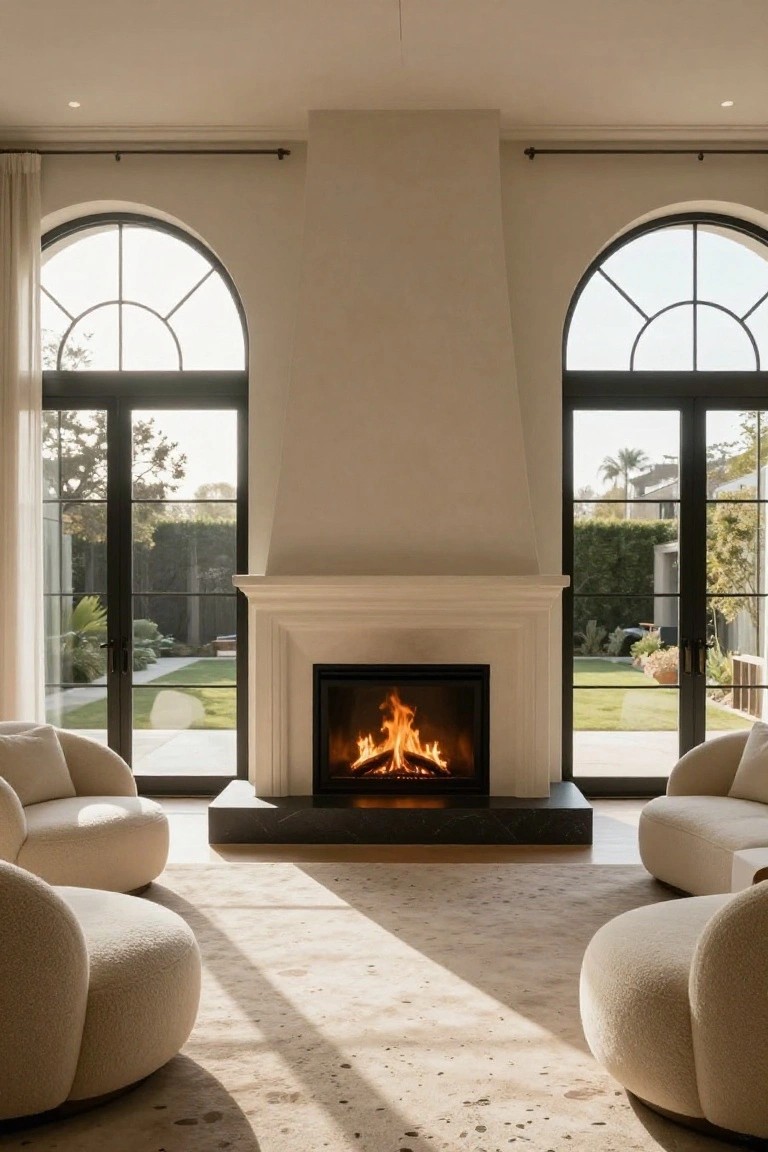 Modern living room featuring two large curved white bouclé sofas flanking a black fireplace, with tall arched windows and doors opening to a green garden and lawn.