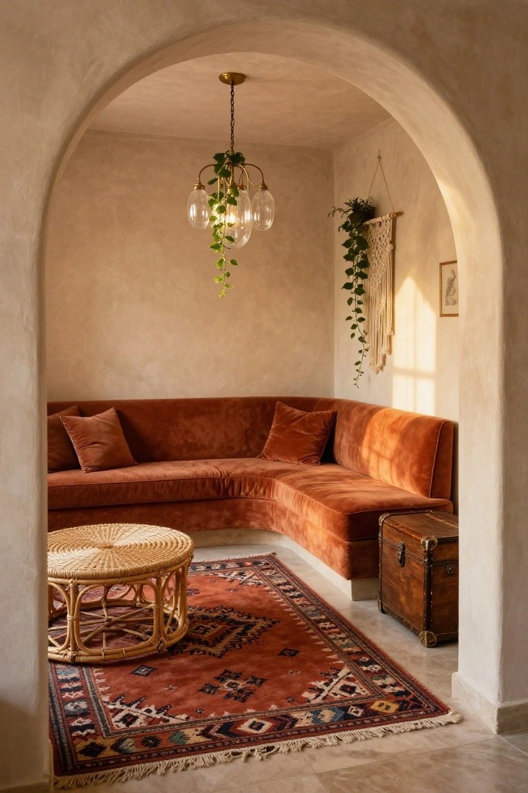 Rust-colored curved velvet sofa in a beige arched alcove with rattan coffee table, patterned rug, ivy chandelier, hanging plants, and macrame wall hanging.