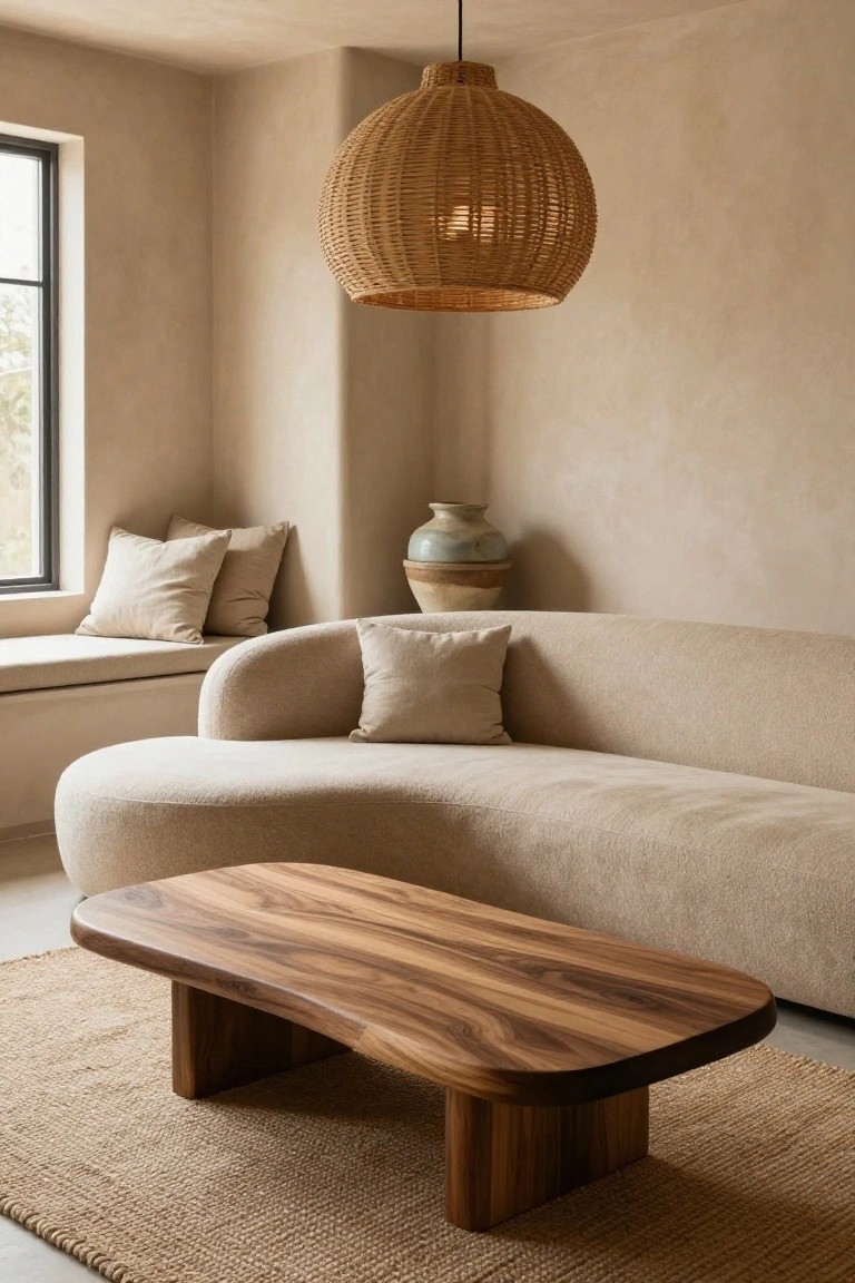 Light beige curved sofa in a plastered room with wooden live-edge coffee table on seagrass rug, pillows on window seat, ceramic vase on wood stand, and wicker pendant lamp above.