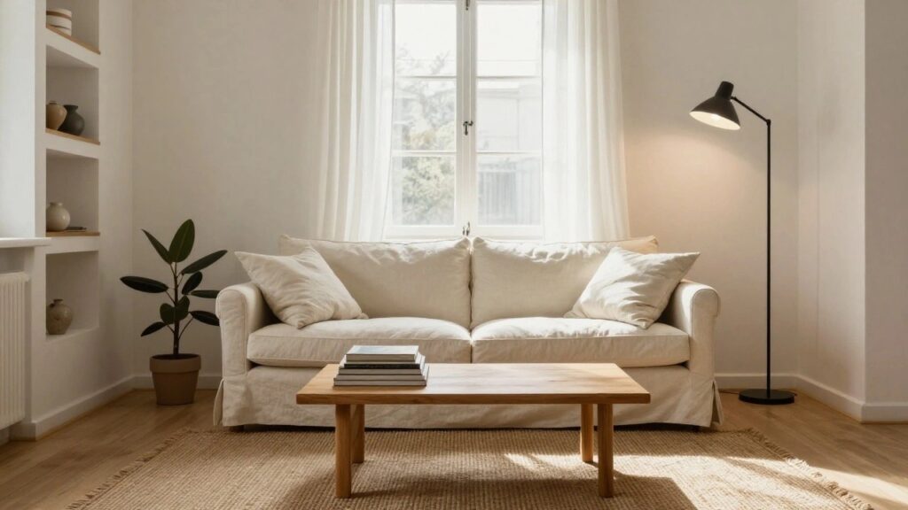 Bright corner of a living room featuring two facing cream slipcovered sofas around a low rectangular wooden coffee table on a seagrass rug, with wooden wall shelves holding beige ceramics, a black floor lamp, potted plants, and large windows with sheer white curtains.