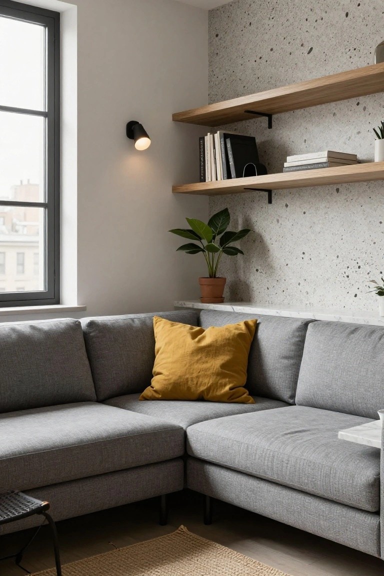 Light gray L-shaped sofa in a living room corner with mustard yellow pillow, wooden floating shelves holding books and plants, potted plant on marble ledge, speckled wall, black-framed window, and small side table.