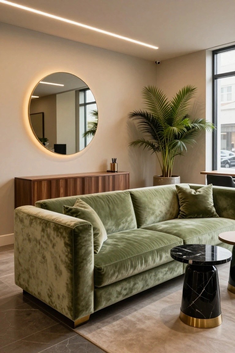 Modern interior lounge with a plush green velvet L-shaped sofa, circular backlit mirror on wall, wooden credenza, potted palm plant, black marble pedestal side table with brass base, and large window.