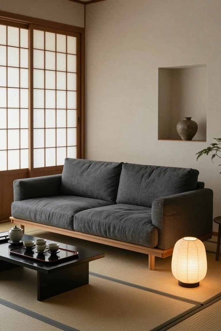 Gray low-profile fabric sofa with wooden legs on tatami mats in a Japanese room featuring shoji screens, black low table with teapot and cups, paper lantern lamp, wall niche with vase, and potted plant.