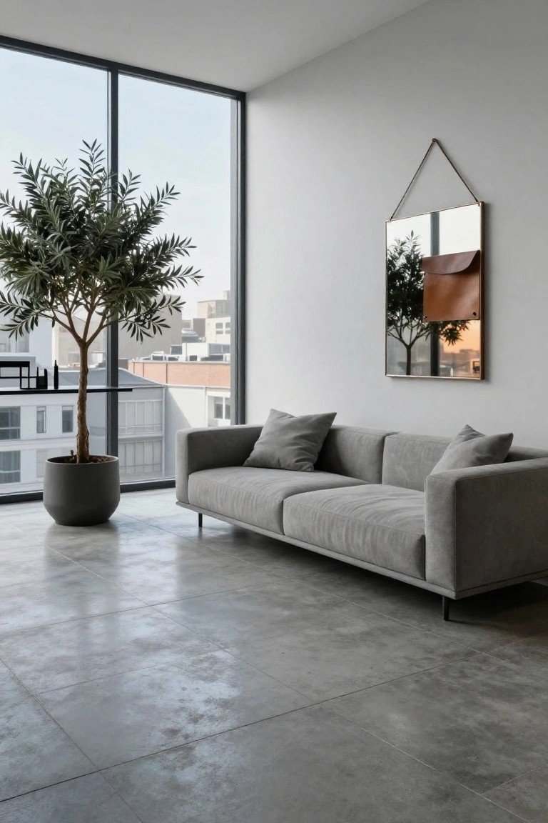 Minimalist living room featuring a low-profile gray fabric sofa, large potted olive tree, hanging rectangular mirror with leather detail, and floor-to-ceiling windows showing city views over concrete flooring.