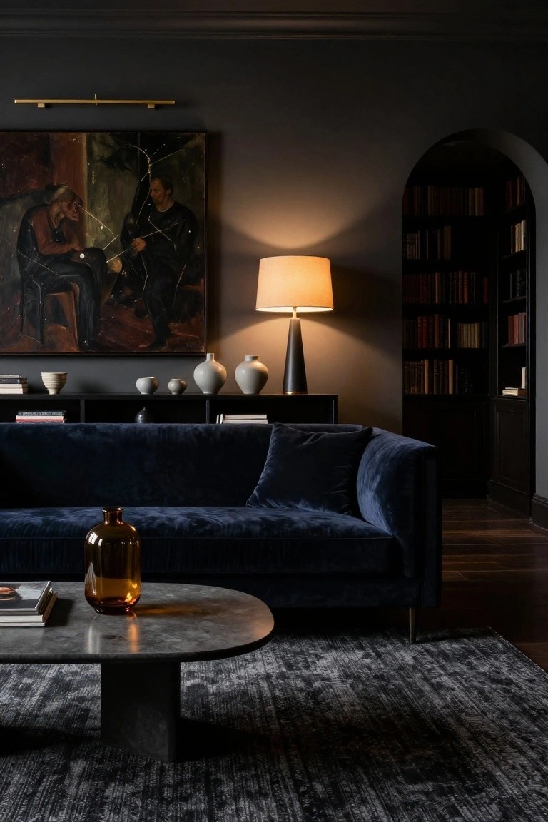 Dark moody living room with navy velvet sofa, gray oval stone coffee table holding amber vase and books, tall black lamp, ceramic vases on shelves, large abstract painting, and arched doorway to bookshelves.