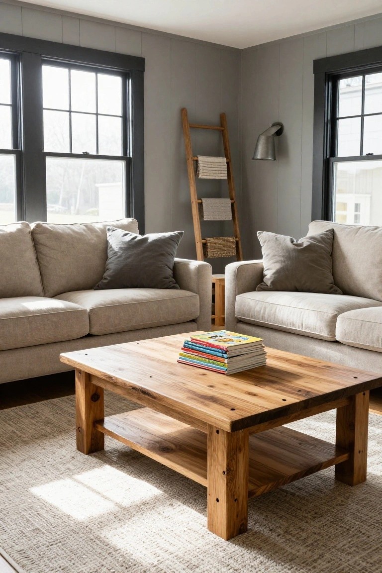 Two beige sofas flank a rustic wooden coffee table in a gray living room.