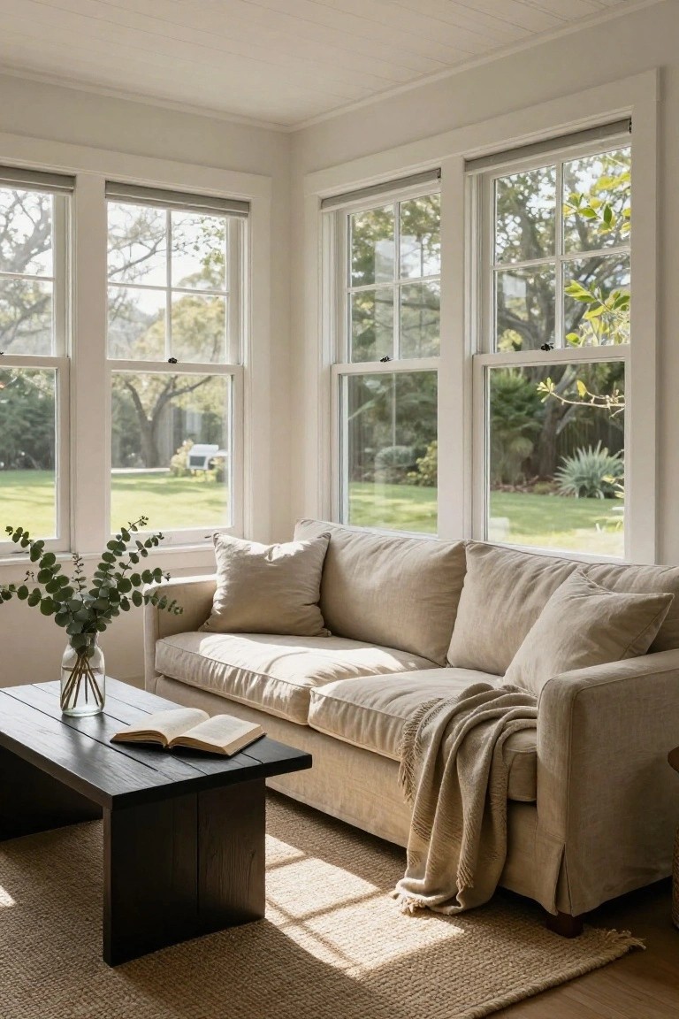 Sunlit corner room with large triple-pane windows overlooking a green yard and trees, light beige linen sofa with pillows and cream throw blanket, black wooden coffee table with open book and glass vase of eucalyptus branches, seagrass rug on light wood floor.