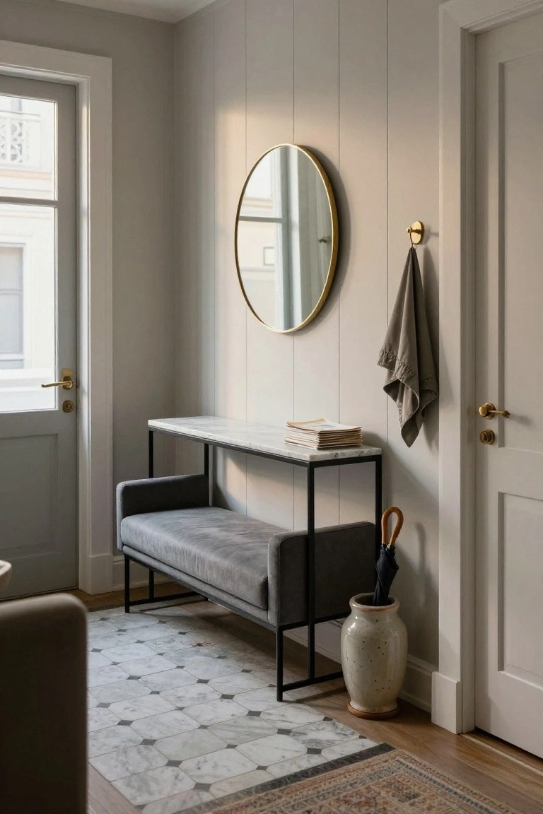 Light gray entryway interior with marble-top black metal console table topped with stacked magazines, adjacent gray velvet bench sofa on black metal frame, gold round mirror on wall, gray towel on gold hook, umbrella in ceramic vase stand, and white octagonal tile floor with Persian-style rug.
