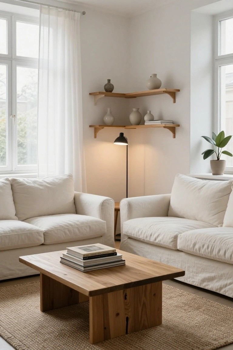 Bright corner of a living room featuring two facing cream slipcovered sofas around a low rectangular wooden coffee table on a seagrass rug, with wooden wall shelves holding beige ceramics, a black floor lamp, potted plants, and large windows with sheer white curtains.