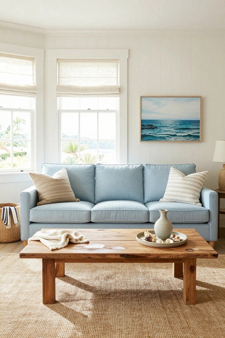 Light blue linen three-seater sofa in a white shiplap-walled living room with large windows showing palm trees and ocean view, linen shades, wooden coffee table holding white throw blanket, shell plate, and vase, beige seagrass rug, side table with lamp.
