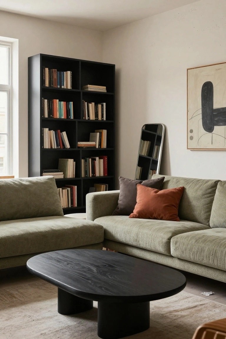 Modern living room with L-shaped green sofa, black wooden bookshelf, oval black coffee table on legs, floor-length mirror, and abstract line art on wall.
