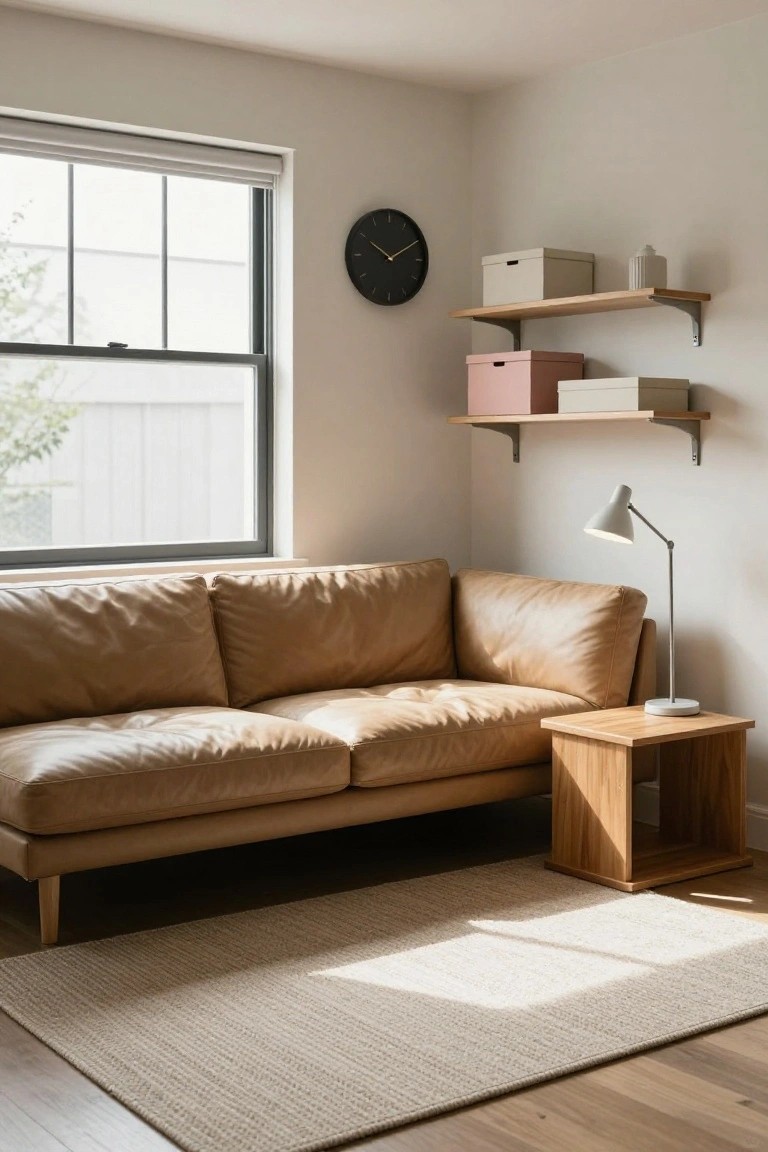 Modern living room with tan leather sofa, wooden side table, and floating shelves.