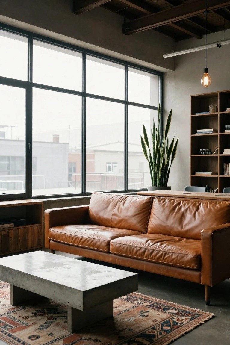 Modern loft living room featuring a tan leather sofa, white concrete coffee table, large industrial windows, potted snake plant, wooden bookshelves, and pendant light.