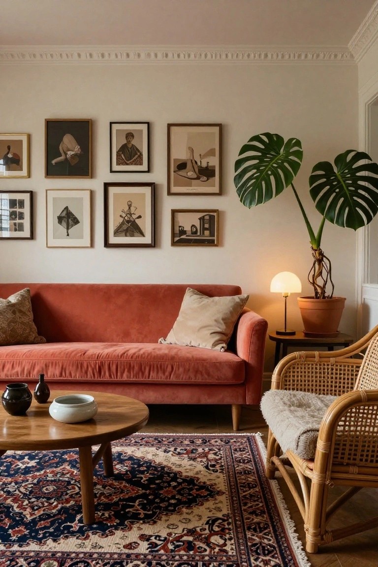 A burnt orange terracotta velvet sofa in a white-walled living room with eclectic black-and-white framed artwork, two large monstera plants, a rattan armchair with cushion, wooden coffee table, and Persian rug on hardwood floors.