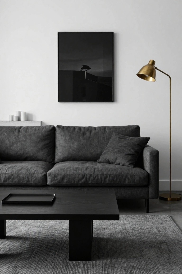 Minimalist living room with dark gray textured linen sofa, black wood coffee table, gold arched floor lamp, white candles on concrete shelf, and black-framed abstract photo on white wall.