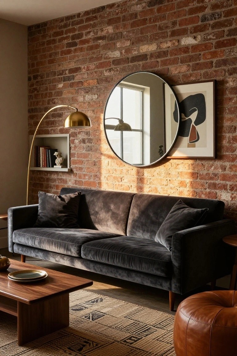 A low-profile gray velvet sofa sits in a living room with exposed brick walls, a large round mirror, gold arc lamp with niche shelving, wooden coffee table, and tan leather pouf on a woven rug.