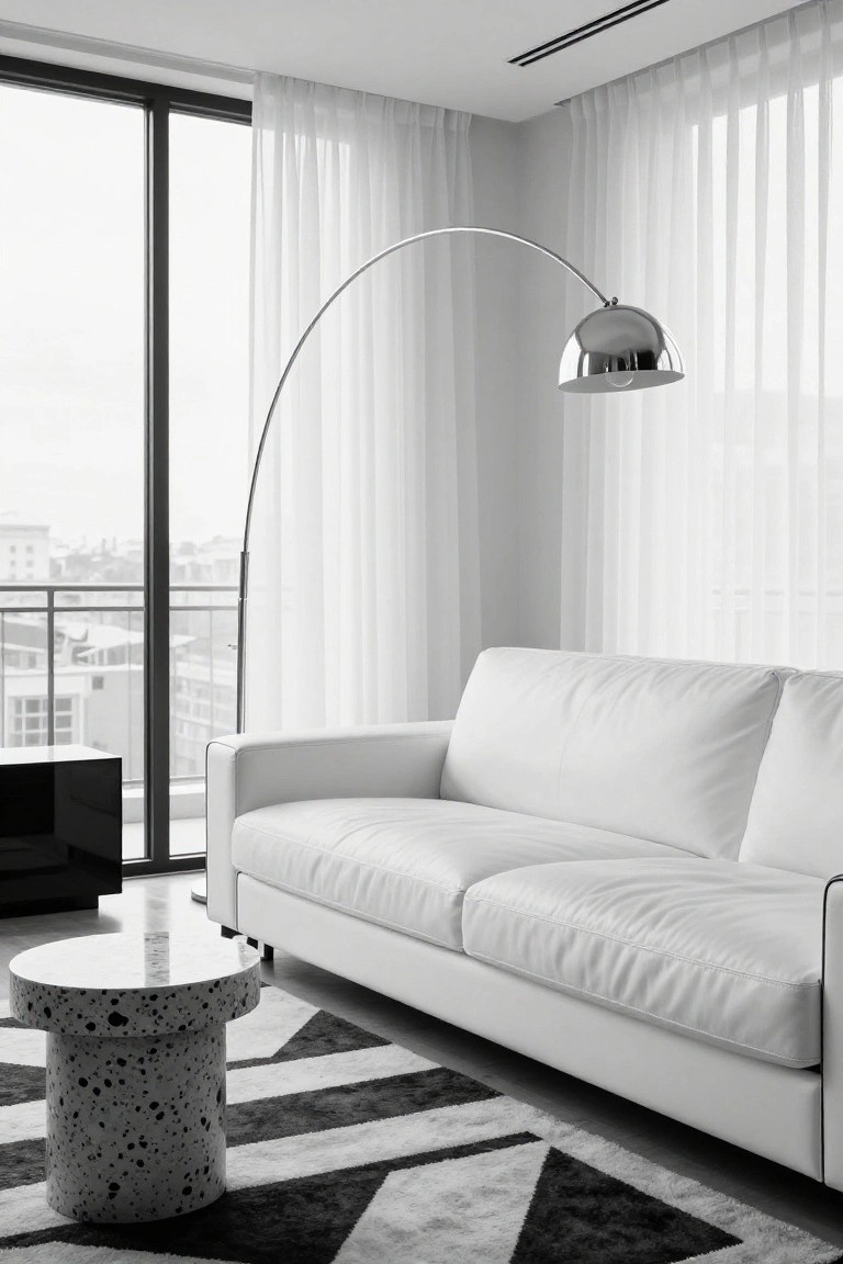Black and white photo of a modern living room featuring a white L-shaped leather sofa, silver arched floor lamp, round terrazzo side table, black and white zig-zag rug, black sideboard, and sheer curtains on large windows with city view.