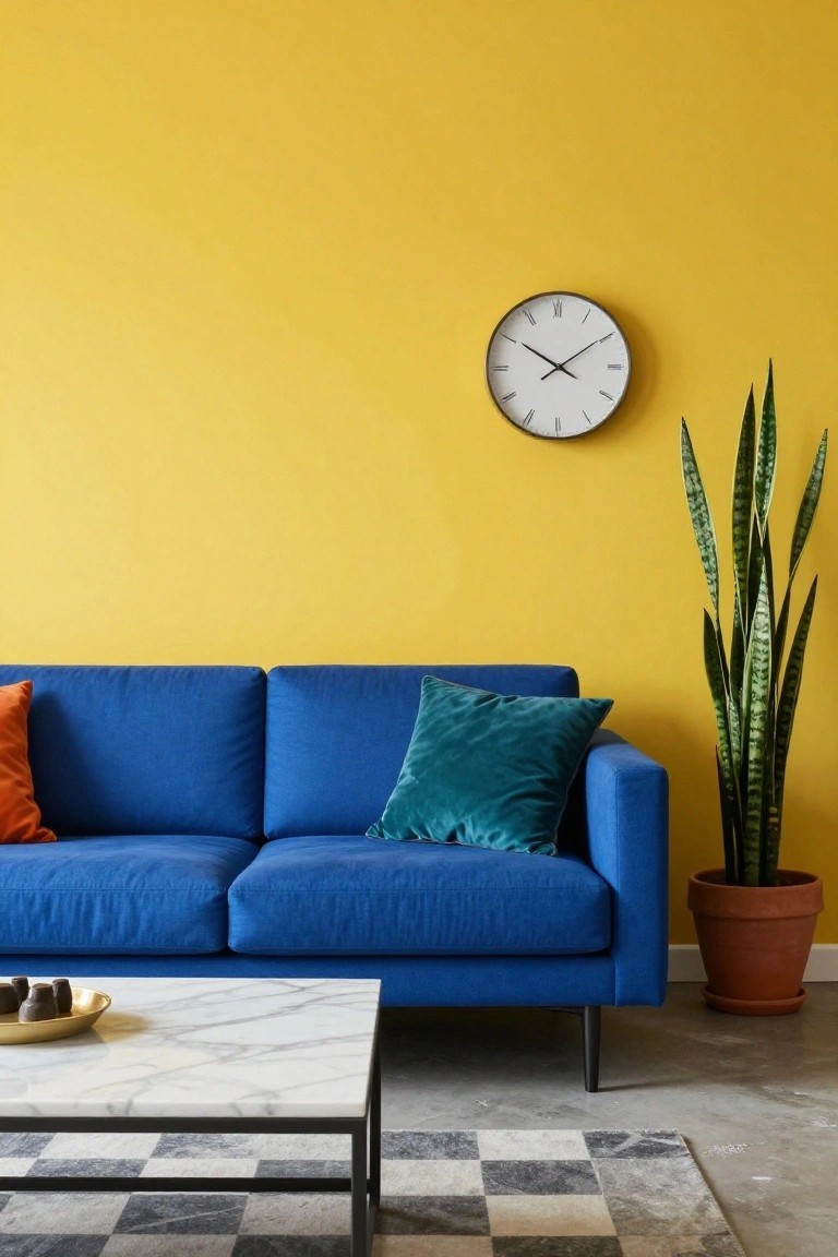 Blue fabric sofa with orange and teal pillows on a yellow wall next to a tall snake plant in terracotta pot, white marble coffee table with gold tray, wall clock, and black-and-white checkered rug on concrete floor.
