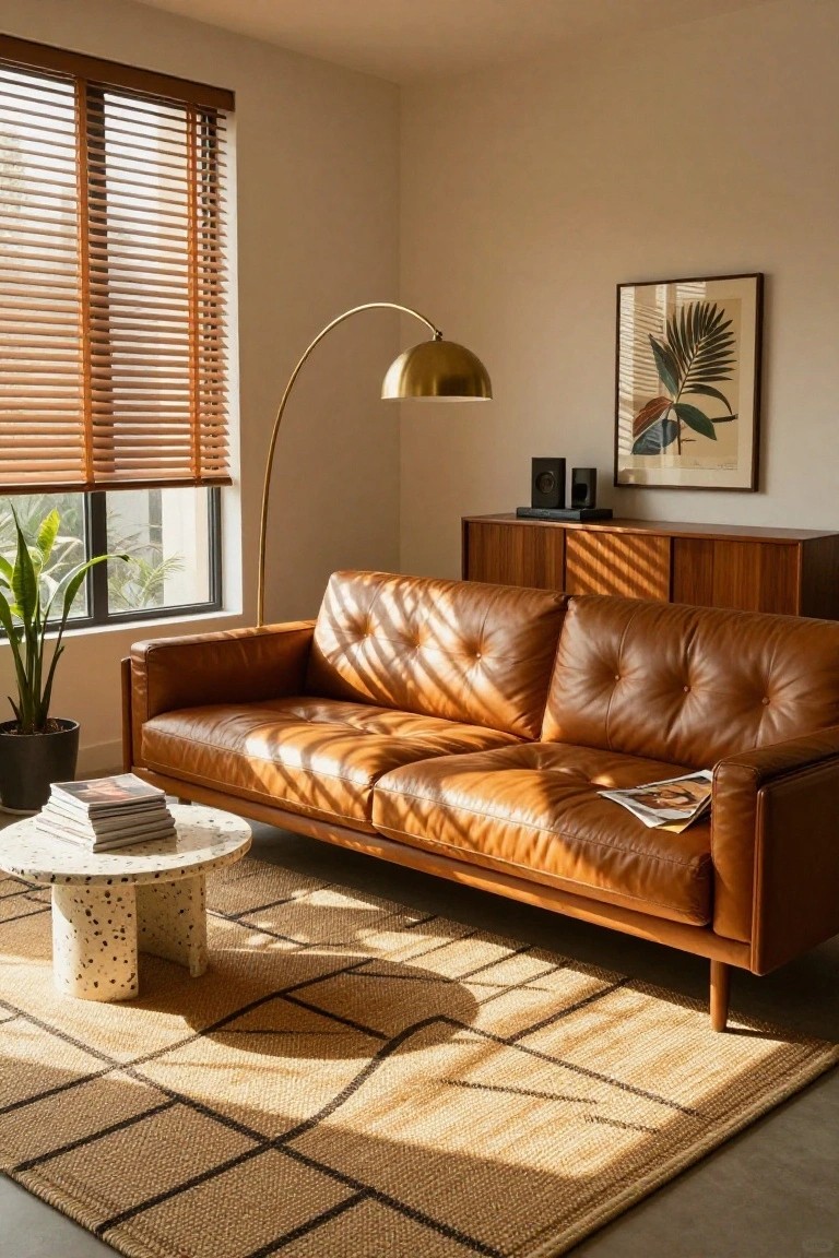 Tan tufted leather sofa in a light beige living room with wooden credenza, round speckled coffee table holding magazines, gold arc floor lamp, potted plant, seagrass rug, and window with wooden blinds.