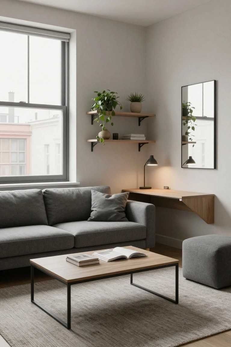 Gray L-shaped sofa in a light corner living room next to a wall-mounted wooden desk, with floating shelves holding plants, a low wood coffee table, and a fabric ottoman on a light rug.