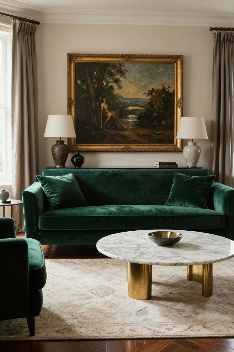 Living room with emerald green velvet three-seater sofa and armchair, round white marble coffee table on brass legs, two ceramic lamps on side tables, and large gold-framed landscape painting on beige wall above sofa.