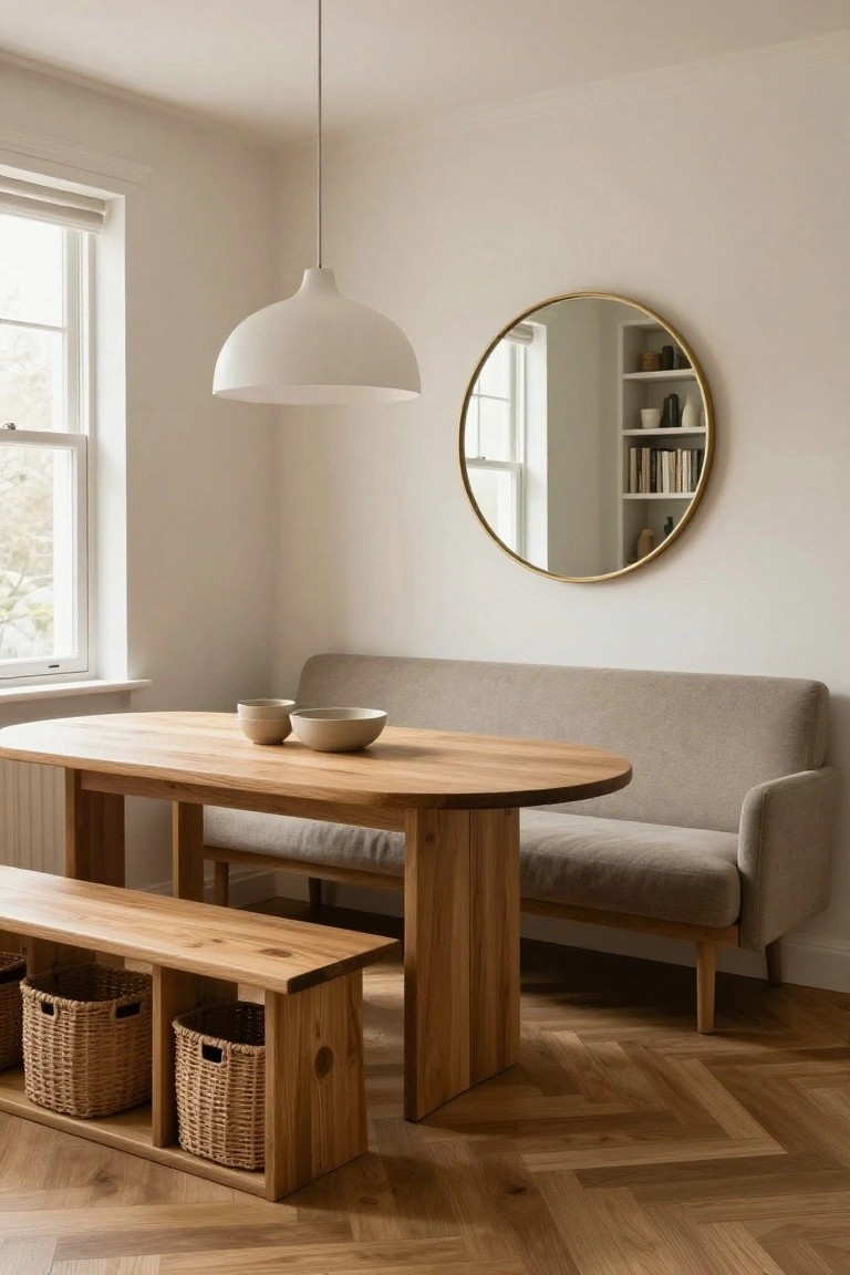 Minimalist dining area with wooden table, bench, and round mirror.